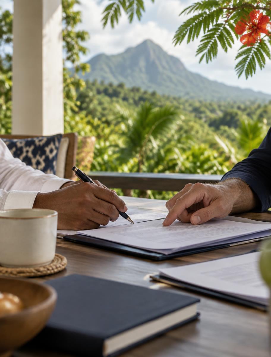 Deux personnes examinant ensemble un contrat dans un cadre tropical