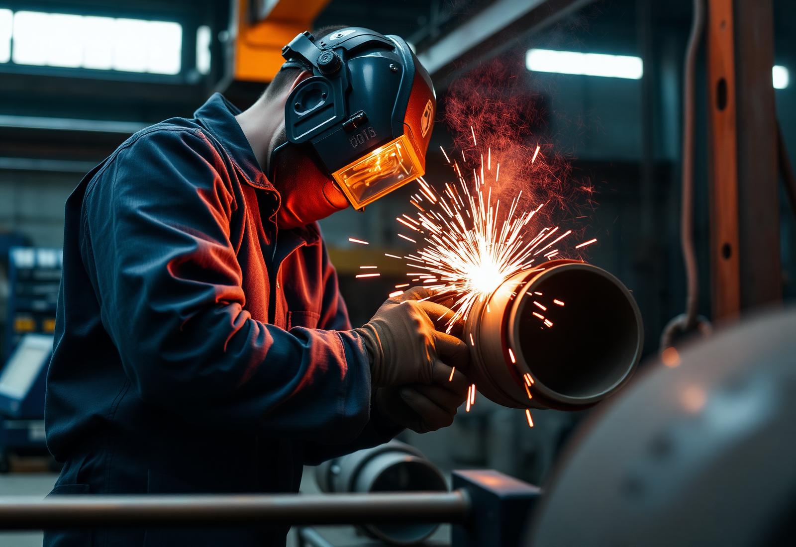 Soudeur industriel travaillant sur un tuyau en acier dans un atelier de maintenance